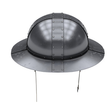 Medieval Knight Kettle Hat Helmet. Perspective view. Ancient equipment for battlefields. 3D render Illustration Isolated on white background.