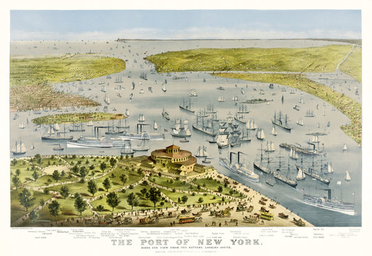 New York old bird-eye view of the port from the battery. By Parsons and Atwater, publ. Currier & Ives, New York, 1878