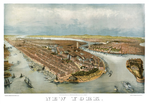 New York old aerial view. By John Bachmann and George Schlegel. Publ. Tamsen & Dethlefs New York, 1874