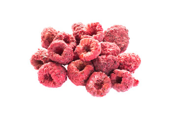 Freeze dried raspberries on a white background.