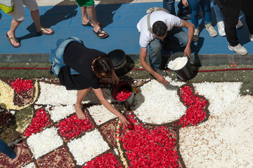 Zur Infiorata wird in Noto eine Strasse mit Bl&uuml;tenbl&auml;ttern geschm&uuml;ckt