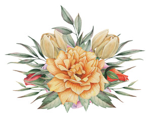 Hand painted watercolor charming combination of Flowers and Leaves, isolated on white background