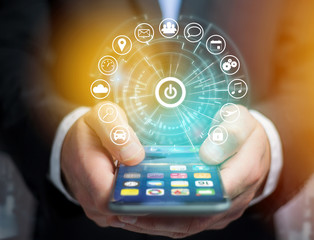 Home button of a technology interface surrounded by application - technology app concept