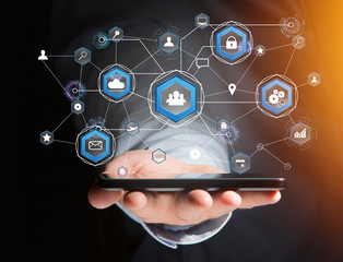 International business network connection displayed on a futuristic interface with technology icon and sphere globe - Worldwide business concept