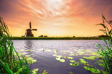 Obrazy  Tradycyjna wioska z holenderskimi wiatrakami i rzeką o zachodzie słońca, Holandia, Holandia.