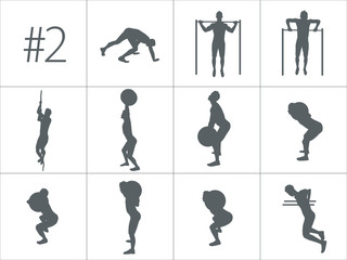 Vector silhouettes of people doing fitness and crossfit workouts
