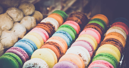 French style beautiful delicious dessert cookies macaroni. Colorful roundish sweets macarons in a...