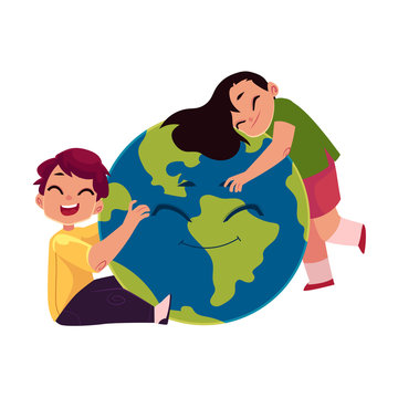 Kids, boy and girl, hugging smiling Globe, Earth planet character, cartoon vector illustration isolated on white background. Kids, children and the Globe, Save the Earth, Earth day concept