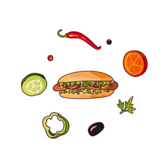 Vector flying ingredients hotdog set flat isolated illustration on a white background. Vegetables for pizza, sandwich, roll shawarma fastfood preparation. Chilli, tomato pepper olive cucumber cartoon