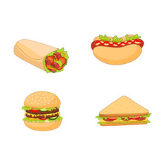 Vector burger hot dog roll shawarma sandwich set. Flat cartoon isolated illustration on a white background. Fast junk food concept. Tasty triangular sandwich, shawarma doner kebab, humburger, hot dog