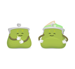 Vector money wallet, purse character flat set illustration isolated on a white background. Expressive happy, emotinal satisfied wallet smiling . Money, success wealth and richness concept