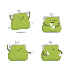 Vector money wallet, purse character flat set illustration isolated on a white background. Expressive happy, sad emotinal satisfied wallet smiling . Money, success wealth and richness concept