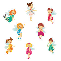 Vector fairy girl set illustration on white background. Cute cartoon smiling child with butterfly wings wearing queen crown isolated. Magic flying kid holding magic star wand. Element for your design