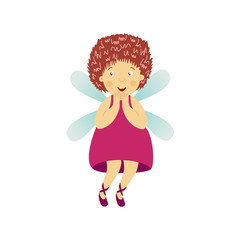 Vector fairy girl illustration on white background. Cute cartoon smiling child with butterfly wings in cute pink dress isolated. Magic flying kid . Element for your design