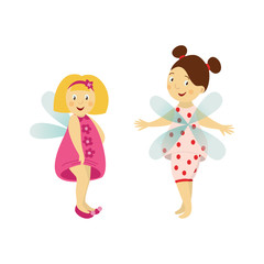 Vector fairy girl set illustration on white background. Cute cartoon smiling child with butterfly wings in cute dress isolated. Magic flying kid . Element for your design