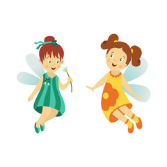Vector fairy girl set illustration on white background. Cute cartoon smiling child with butterfly wings in cute dress isolated. Magic flying kid. Element for your design