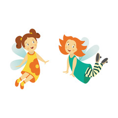 Fototapeta premium Vector fairy girl set illustration on white background. Cute cartoon smiling child with butterfly wings in cute dress isolated. Magic flying kid. Element for your design