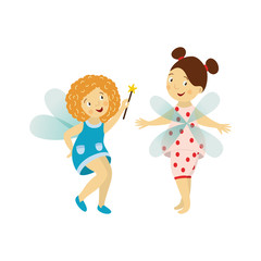 Vector fairy girl set illustration on white background. Cute cartoon smiling child with butterfly wings in cute dress isolated. Magic flying kid holding magic star wand. Element for your design