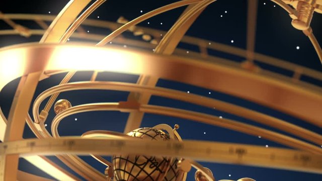Armillary Sphere And Zodiac Signs On Blue Background. 3D Animation.