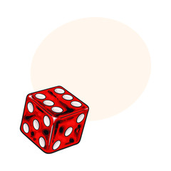 Realistic hand drawing of single shiny red dice, sketch style vector illustration with space for text. Hand drawn shiny dice, casino, gambling attribute