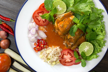 Spicy fish Canned Sardines Salad prepare cooking with herb in the kitchen Thai food