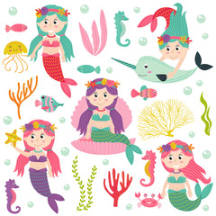 set of isolated mermaid with marine animals and plants -  vector illustration, eps