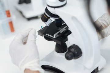 Sample slide being put into the microscope