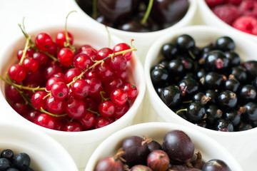  Bowls with fresh ripe gooseberry, red currant, black currant, raspberry, blueberry and cherry on white wooden table