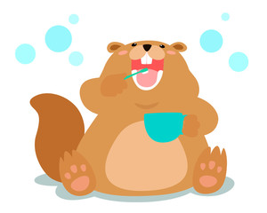 Happy fluffy beaver love brushing teeth cartoon vector. © OnostudiO