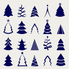 Obraz premium Decorative christmas tree icons set in blue color. Vector illustration