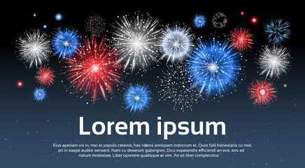 Festive Colorful Fireworks Salute Burst on Blue Background Copy Space Vector Illustration