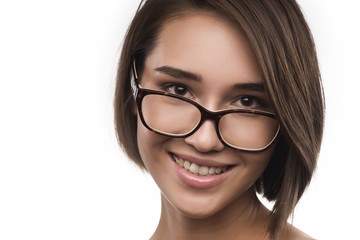 Eyewear glasses woman portrait isolated on white