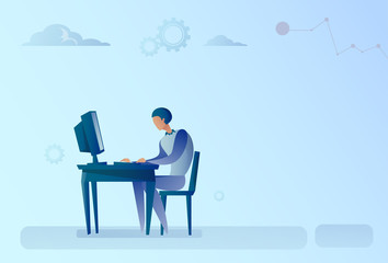 Abstract Business Man Sitting At Office Desk Working Computer Vector Illustration