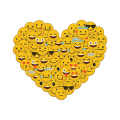 Set of emoji emoticon character faces in a heart shape