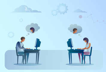 Abstract Business Man And Woman Sitting At Office Desk Working Laptop Computer Chatting Social Media Communication Vector Illustration