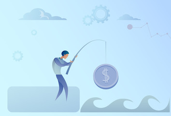 Business Man Fishing Money Coin Strategy Success Finance Growth Concept Vector Illustration