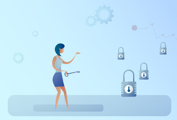Business Woman Hold Key Choosing Lock Opportunity Decision Concept Flat Vector Illustration