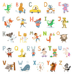 Cartoon cute animals alphabet letters for children school, preschool education.