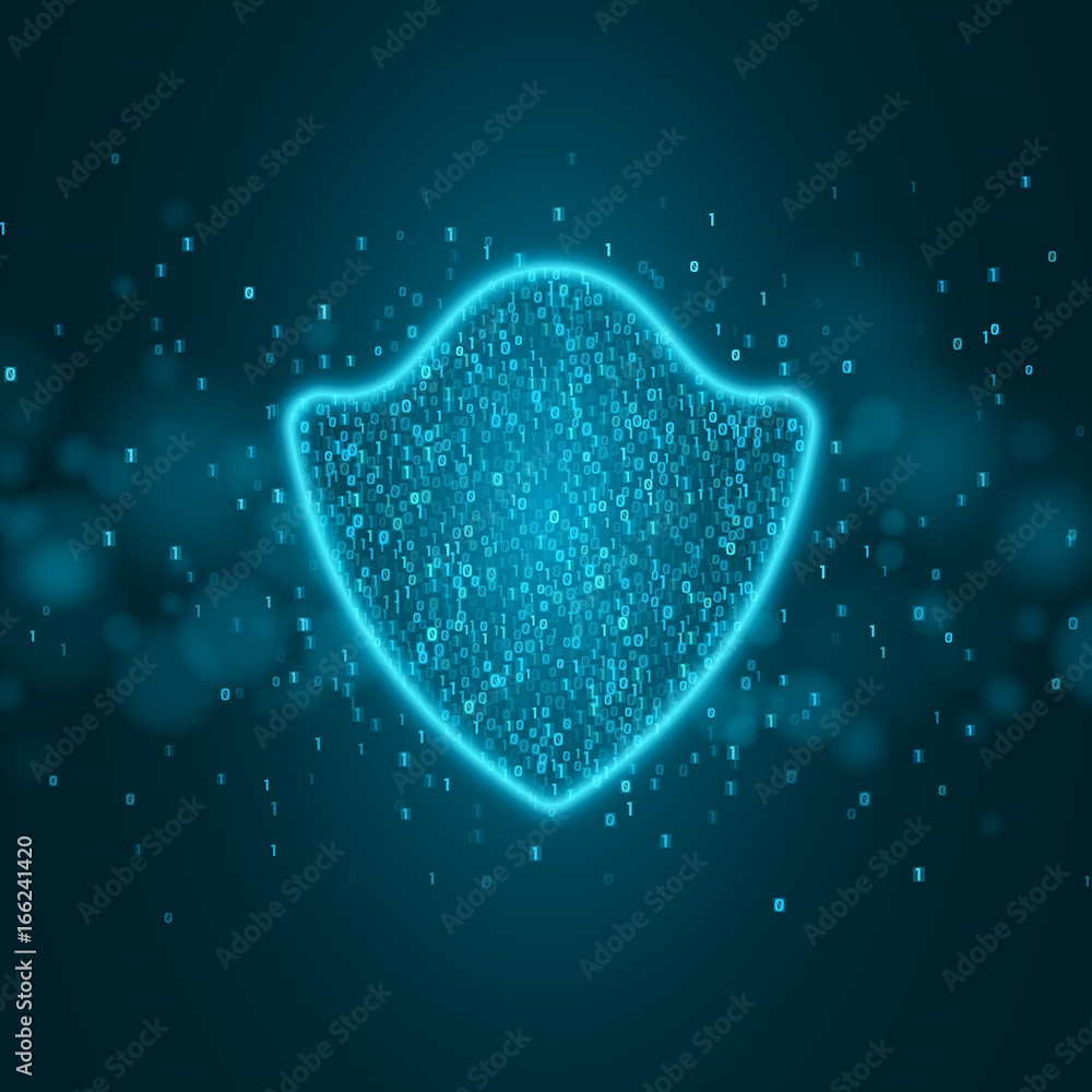 Poster high-tech computer concept. blue glowing neon shield made of binary code. the system is protected. g