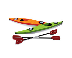 Flat illustration of two kayaks with oars on shore