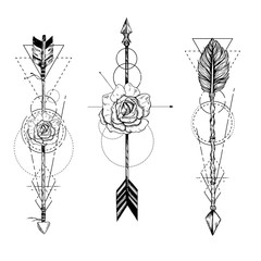 Tribal arrow in ethnical pattern with feathers and roses