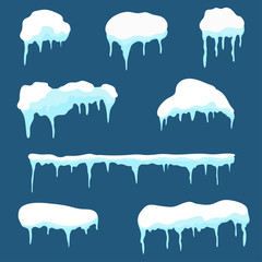 Snow cap, ice cap set. Snowdrifts and icicles design elements isolated on background