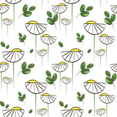 Floral vector pattern with chamomiles and green leaves