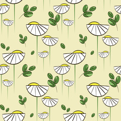 Floral vector pattern with chamomiles and green leaves