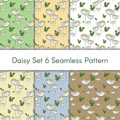 Floral vector pattern set with chamomiles and green leaves, seamless print for textile and wrapping paper