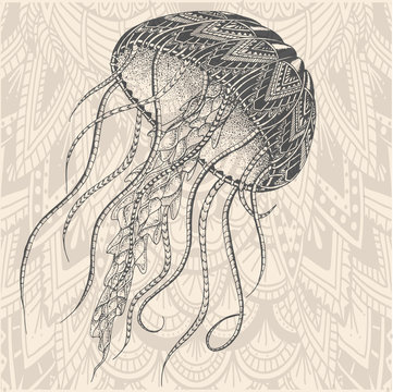 Patterned jellyfish. Tattoo design. It may be used for design of a t-shirt, bag, postcard, a poster and so on.
