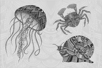 Patterned jellyfish, crab and snail. Tattoo design. It may be used for design of a t-shirt, bag, postcard, a poster and so on. © kssss