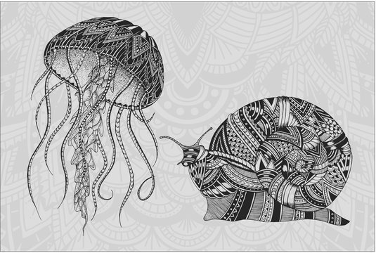 Patterned jellyfish and snail. Tattoo design. It may be used for design of a t-shirt, bag, postcard, a poster and so on.