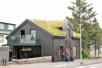Islande, maison à toiture herbeuse dans Reykjavick downtown