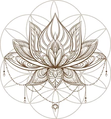 Foto op Canvas Filigree lotus flower on sacred geometry sign, vector handdrawn illustration © kssss